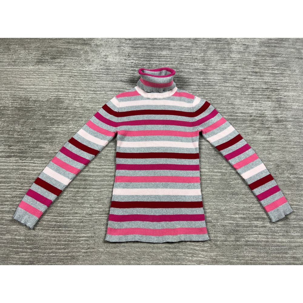 Faded Glory Sweater Ladies S Pink Grey Striped Ribbed Turtleneck 100% Cotton